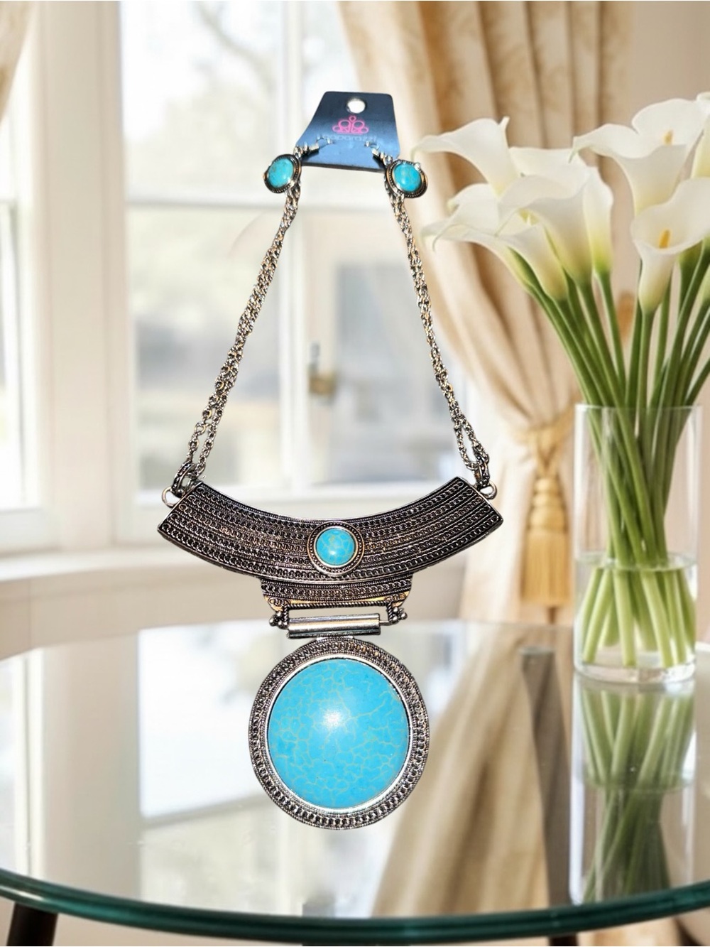 Paparazzi Lasting EMPRESS-ions" Blue Turquoise Statement Necklace Earring set - Picture 2 of 4